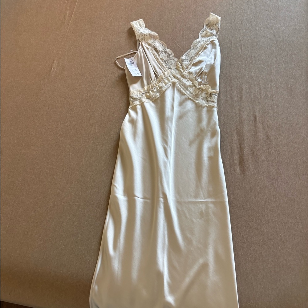 Brand new never worse satin lace trim maxi gown
